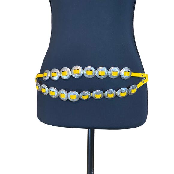 Vintage Yellow Leather Concho Belt Western Boho Festival Silver Tone M/L USA - Picture 2 of 6
